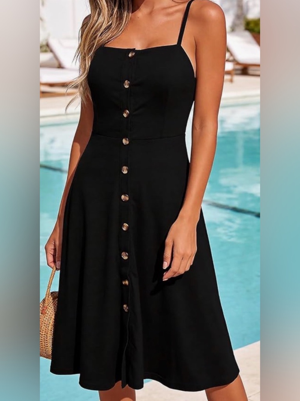 Classic Black Cotton Button Women's Sundress Dress